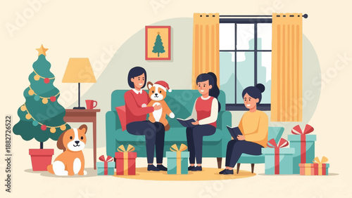 A family enjoys Christmas time together, surrounded by gifts and a decorated tree