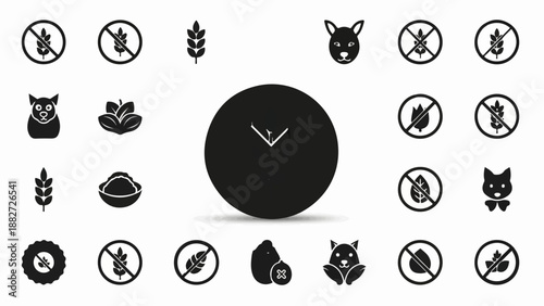 A collection of food and pet related icons, including allergy symbols