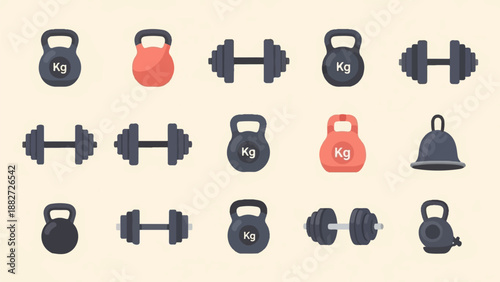 A collection of gym weights, including dumbbells and kettlebells