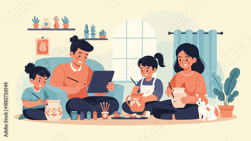 A family enjoys creative pottery painting together indoors