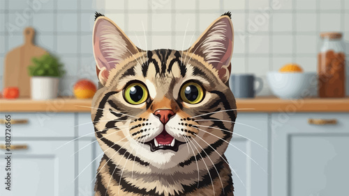 A curious tabby cat with bright green eyes and an open mouth sits in a kitchen