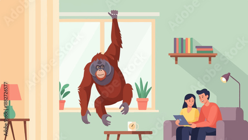 A family enjoys leisure time as an orangutan swings indoors