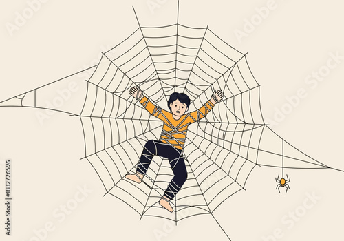 Person trapped in a large spider web with a small spider.