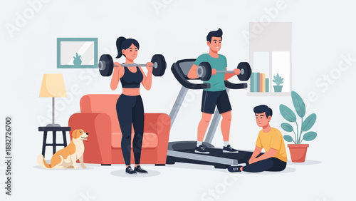 A family exercises together at home with a treadmill and weights