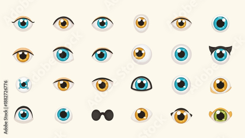 A collection of diverse cartoon-style eyeballs with varying colors and expressions