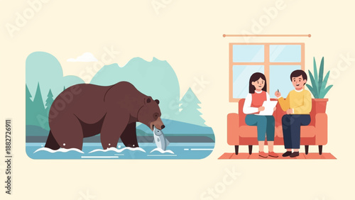 A bear catches fish in water, while two people talk on a couch