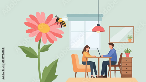 A bee buzzes near a large flower as two people work on laptops inside