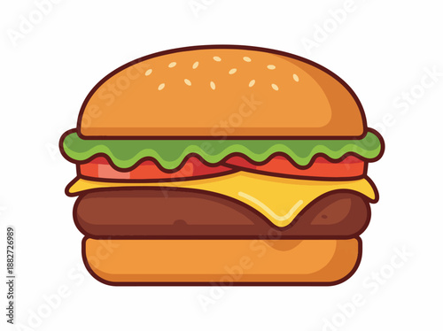 A delicious-looking, cartoon-style illustration of a classic hamburger with a sesame seed bun, lettuce, cheese, and a beef patty