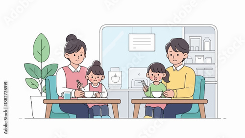 A family of four enjoys a meal together at home