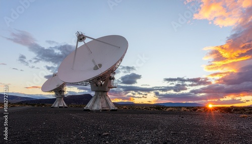 Giant radio telescopes standing tall against a vibrant sunset sky, symbolizing human curiosity and advanced scientific exploration of the universe
