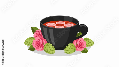 A black cup of red liquid with pink toppings sits near pink roses and green hops