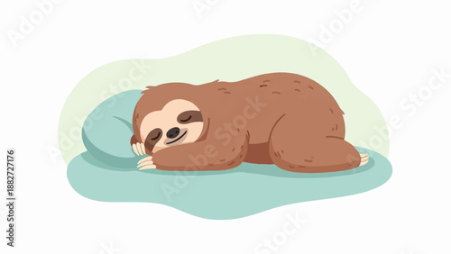 A cute brown sloth sleeps peacefully on a soft, teal-colored pillow