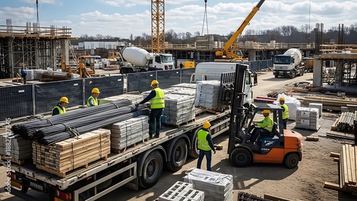 Industrial construction site with heavy trucks workers loading steel and materials