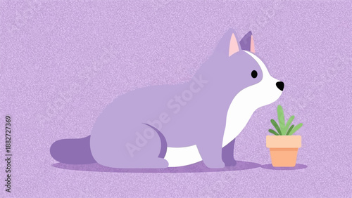 A cute cartoon corgi dog sits next to a small potted plant on a textured purple background