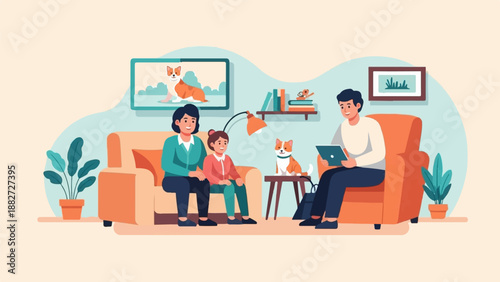A family relaxes in their living room with a dog and on a tablet