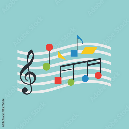 Musical notes and symbols on a staff with colorful elements.