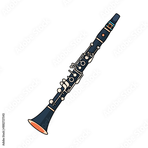 A black clarinet with silver keys and a flared bell.