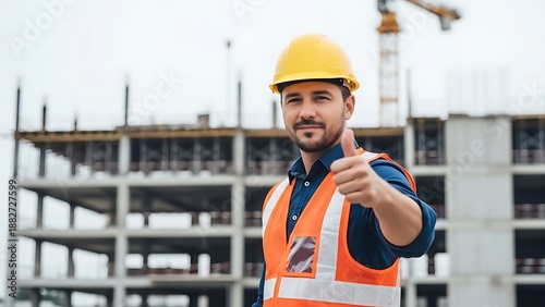 Construction worker in hard hat and vest giving thumbs up on site