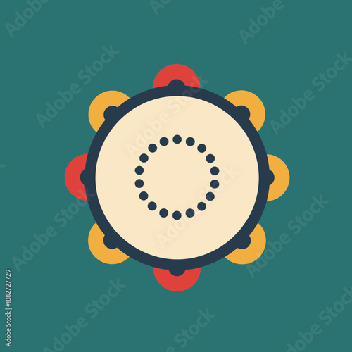 A circular musical instrument with jingles and a patterned center.