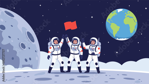 Three joyful astronauts celebrate their moon landing by planting a red flag on the lunar surface with the planet Earth visible in space.