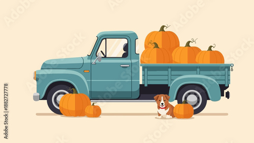 A blue vintage truck filled with pumpkins and a dog
