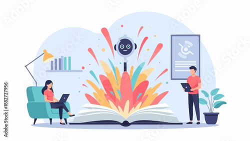 A book opens with a robot emerging as knowledge bursts forth