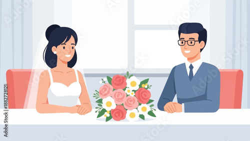 A bride and groom at a table with a floral centerpiece