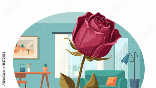 A large dark red rose blooms in a minimalist room with artwork