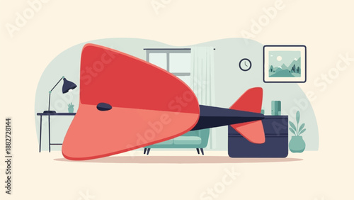 A stylized red airplane dominates a cozy room with furniture and decor