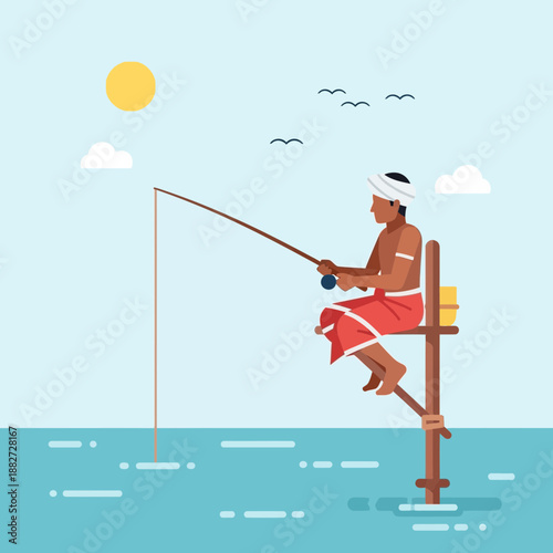 Fisherman on stilts casts a line into the water.