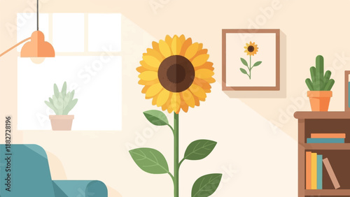 A bright sunflower blooms indoors next to plants and a bookshelf