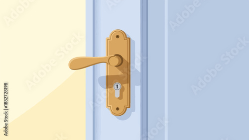 A brass door handle with a keyhole on a light blue door, bathed in light