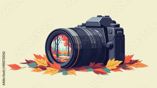 A camera captures a colorful autumn forest scene surrounded by fallen leaves
