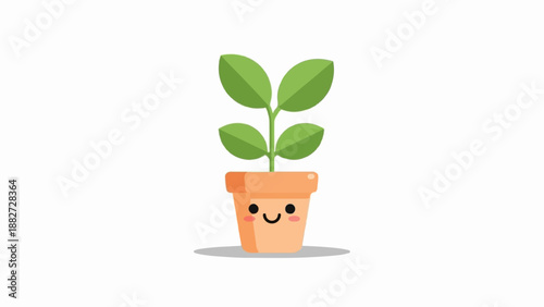 A cute cartoon plant in a smiling pot, growing on a white background