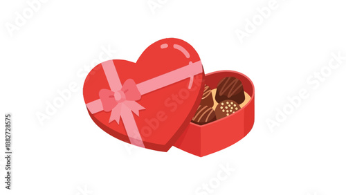 A delightful heart-shaped red gift box, adorned with a pink ribbon and bow, is partially open to reveal an assortment of delicious chocolates inside, set against a clean white background.