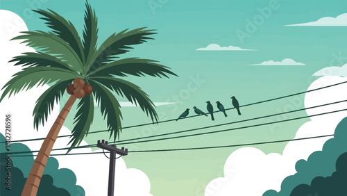 A stylized tropical scene featuring a palm tree, birds on a wire, and clouds
