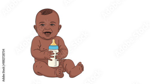 Adorable baby with dark skin sits happily holding a nursing bottle filled with milk while smiling at the camera on white background.