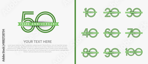 anniversary logo set with green ribbon. green number on white background for celebration moment