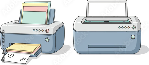 Illustration of modern inkjet and laser printers with paper output side by side