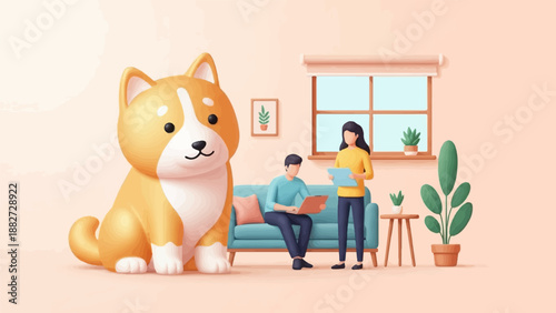 A cute dog sits in front of a couch where two people work on laptops