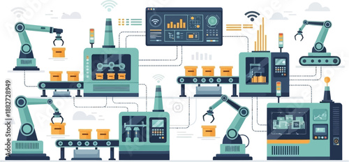 Advanced industrial robotic manufacturing system with automated assembly lines and monitoring