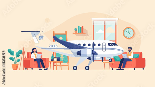 A surreal illustration of a small airplane inside a living room with two people working on laptops