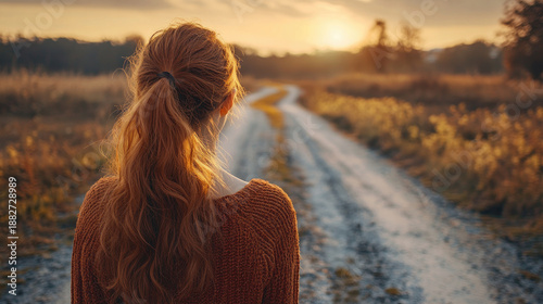 Young woman stands at a forked forest path, back to camera, contemplating two diverging routes-symbolizing choice, uncertainty, and deciding the next step in life's journey