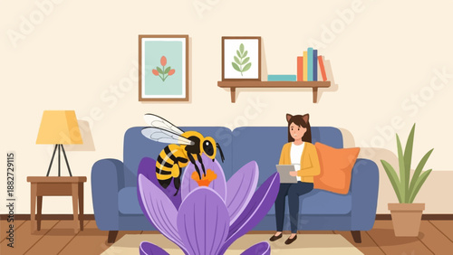 A surreal scene with a giant bee visiting a flower while a person sits on a couch