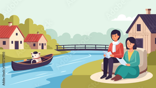 A peaceful riverside scene with a person reading and a bear in a canoe