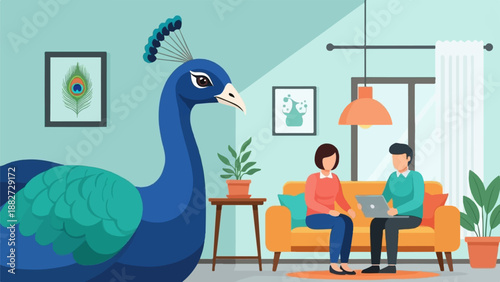 A peacock stands near people on a couch, with artwork and plants