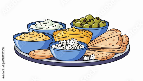 A colorful platter holds various dips, olives, feta, and flatbread for a delightful appetizer spread