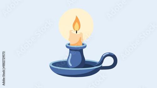 A single lit candle in a blue candlestick holder glows warmly