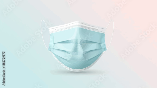 A single light blue protective face mask with white ear loops on a gradient background