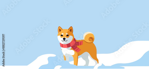 A cute Shiba Inu dog wearing a red scarf in a snowy landscape